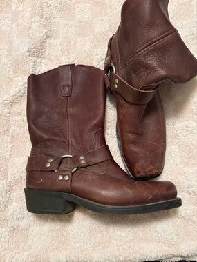 Men's Brown Leather Harness Boots with Metal Ring Accent